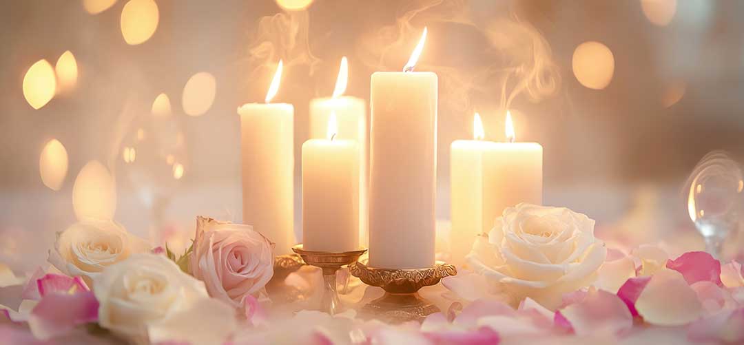 Candle Light Dinner - brennende Kerzen in einem Meer aus Rosenblüten